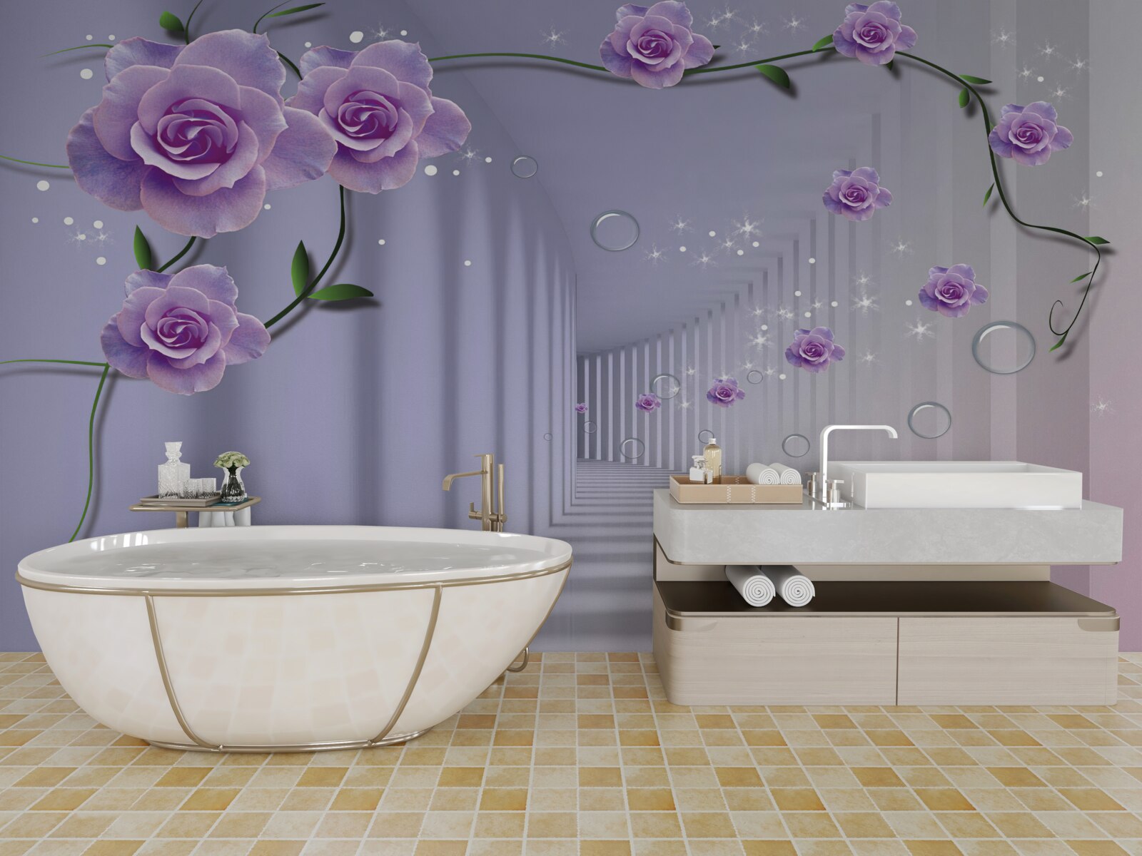 Fototapet în tunel înfloresc boboci delicați de flori albastre