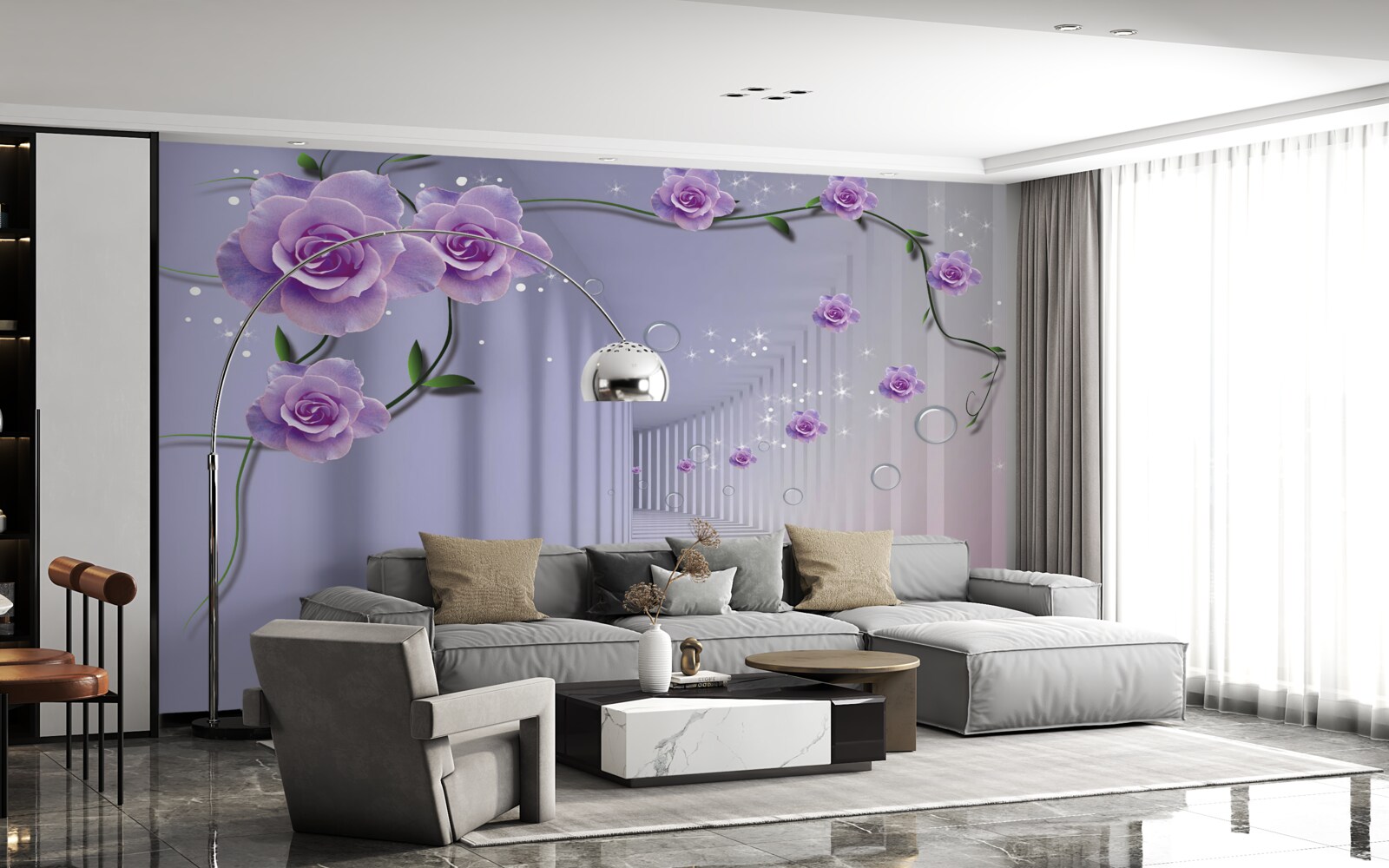 Fototapet în tunel înfloresc boboci delicați de flori albastre