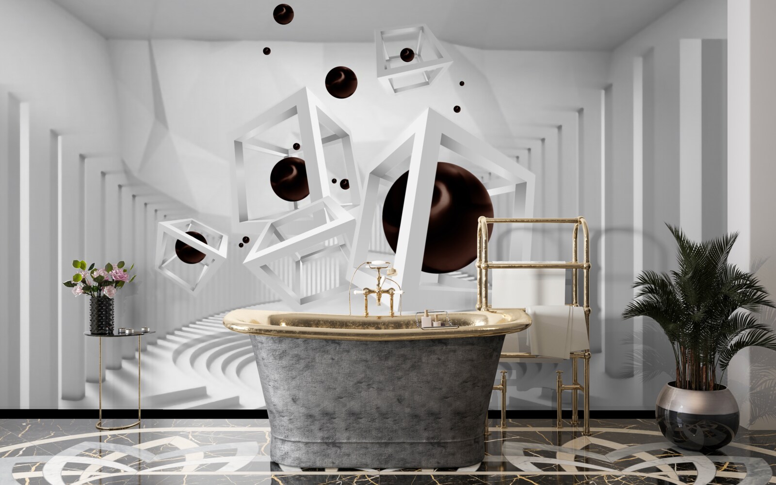 Fototapet sfere negre mari înconjurate de cadre albe