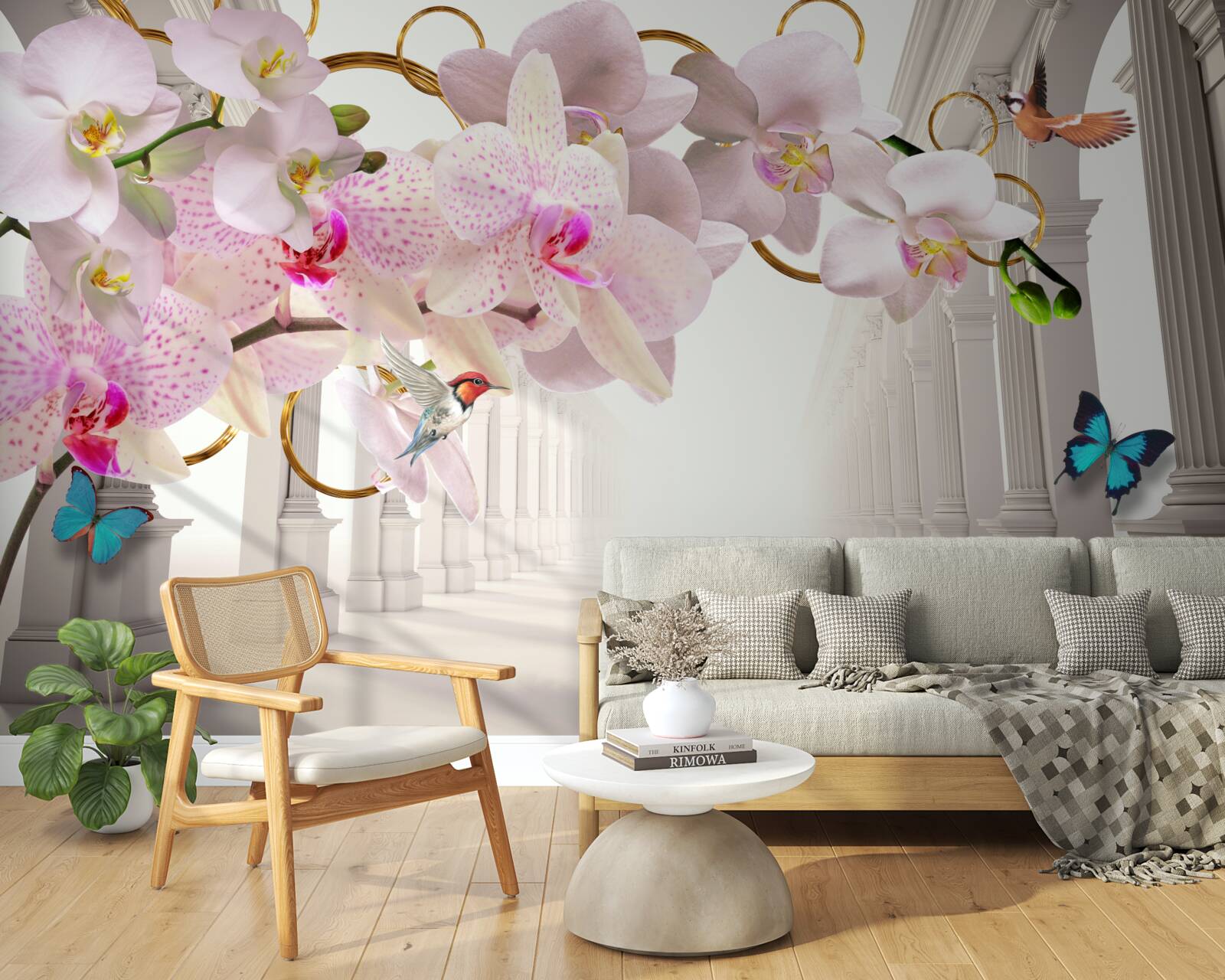 Fototapet arcadele albe sunt decorate cu orhidee și fluturi