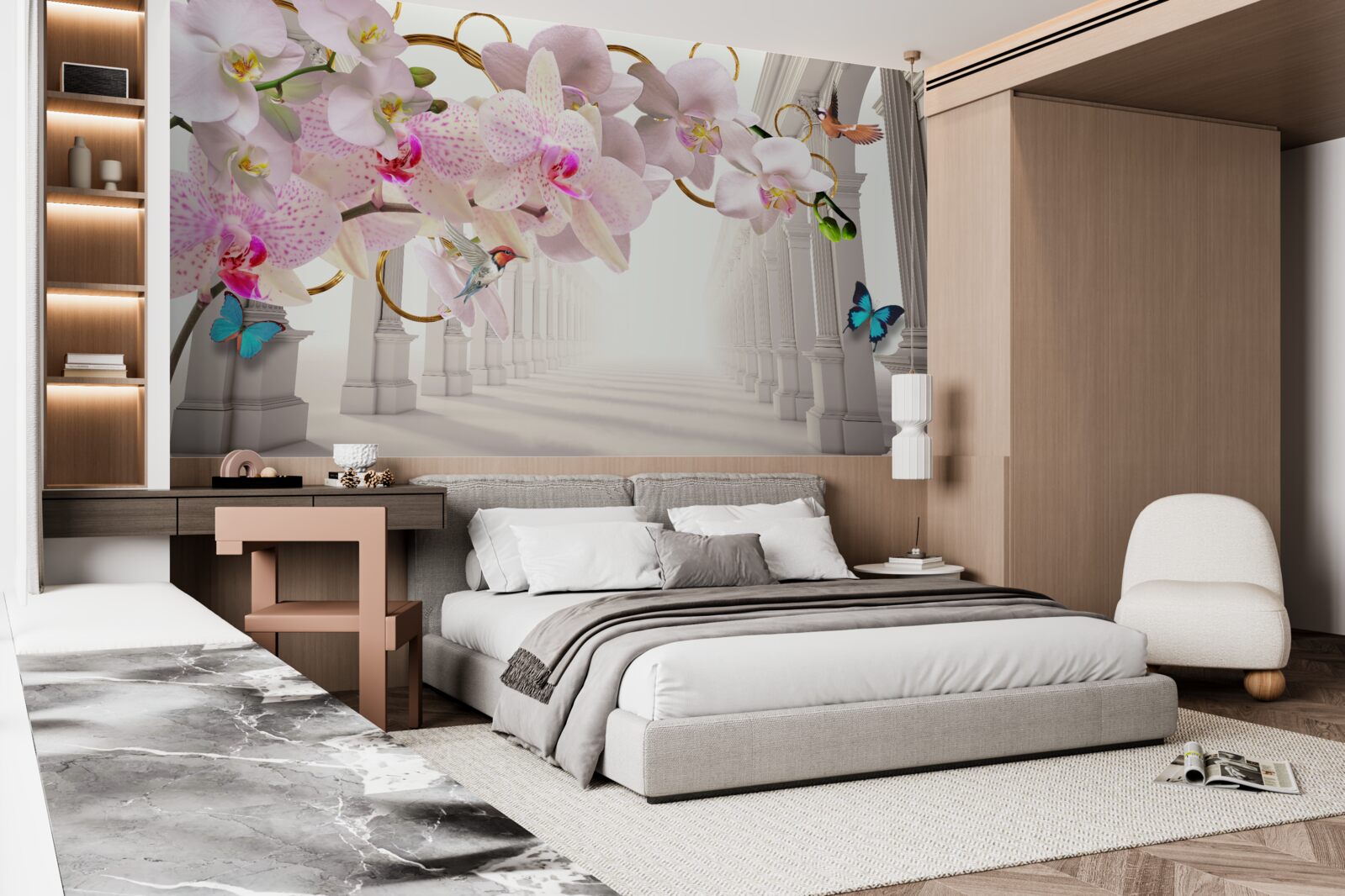 Fototapet arcadele albe sunt decorate cu orhidee și fluturi