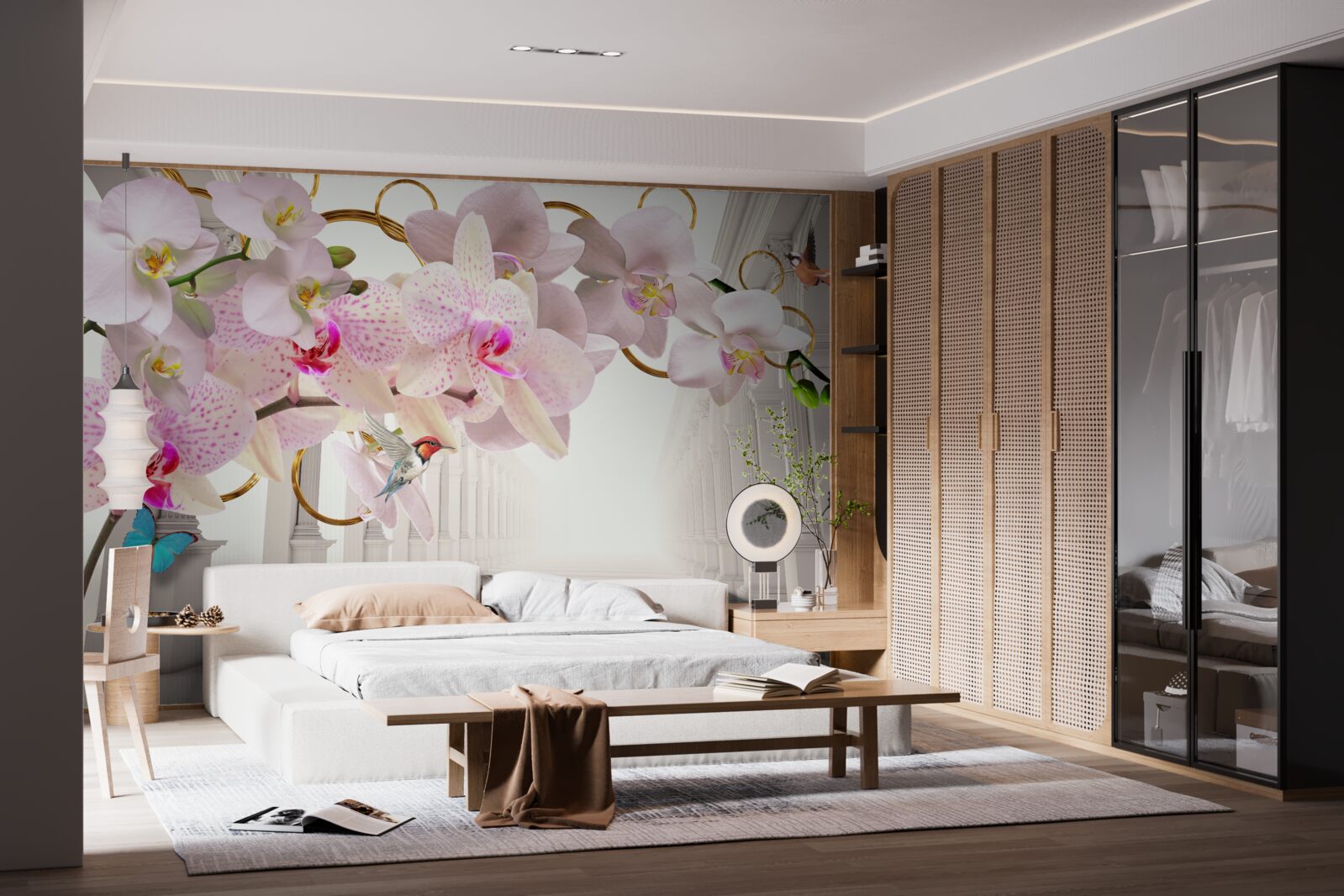 Fototapet arcadele albe sunt decorate cu orhidee și fluturi