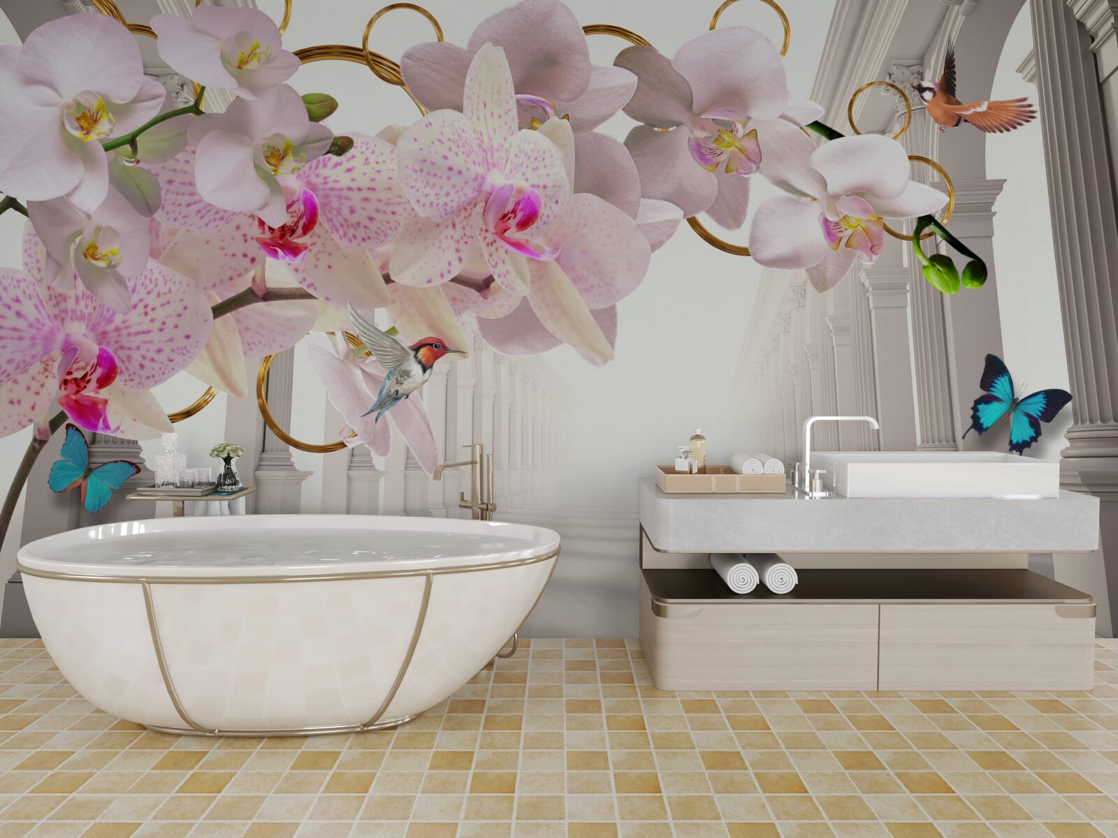 Fototapet arcadele albe sunt decorate cu orhidee și fluturi