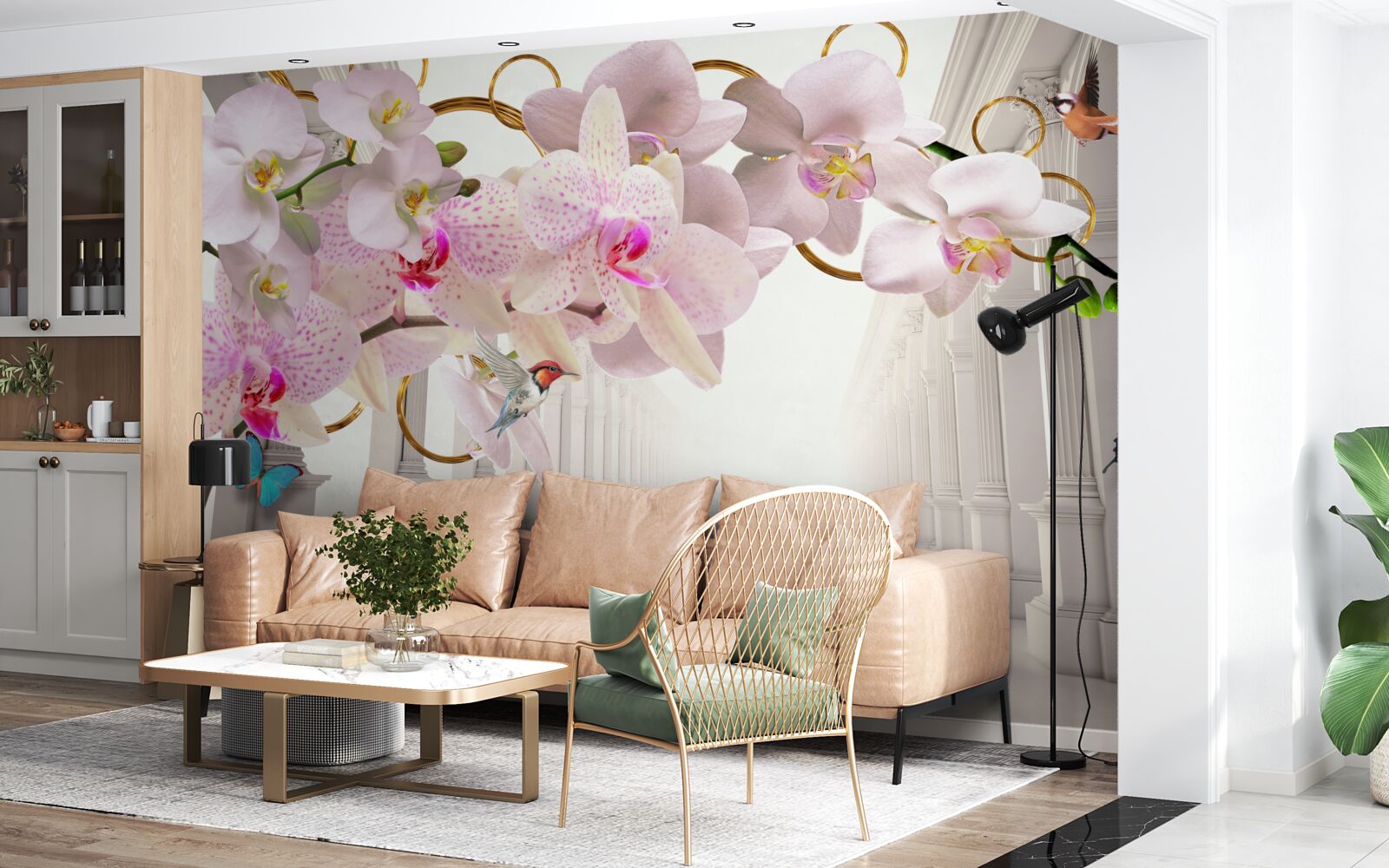 Fototapet arcadele albe sunt decorate cu orhidee și fluturi