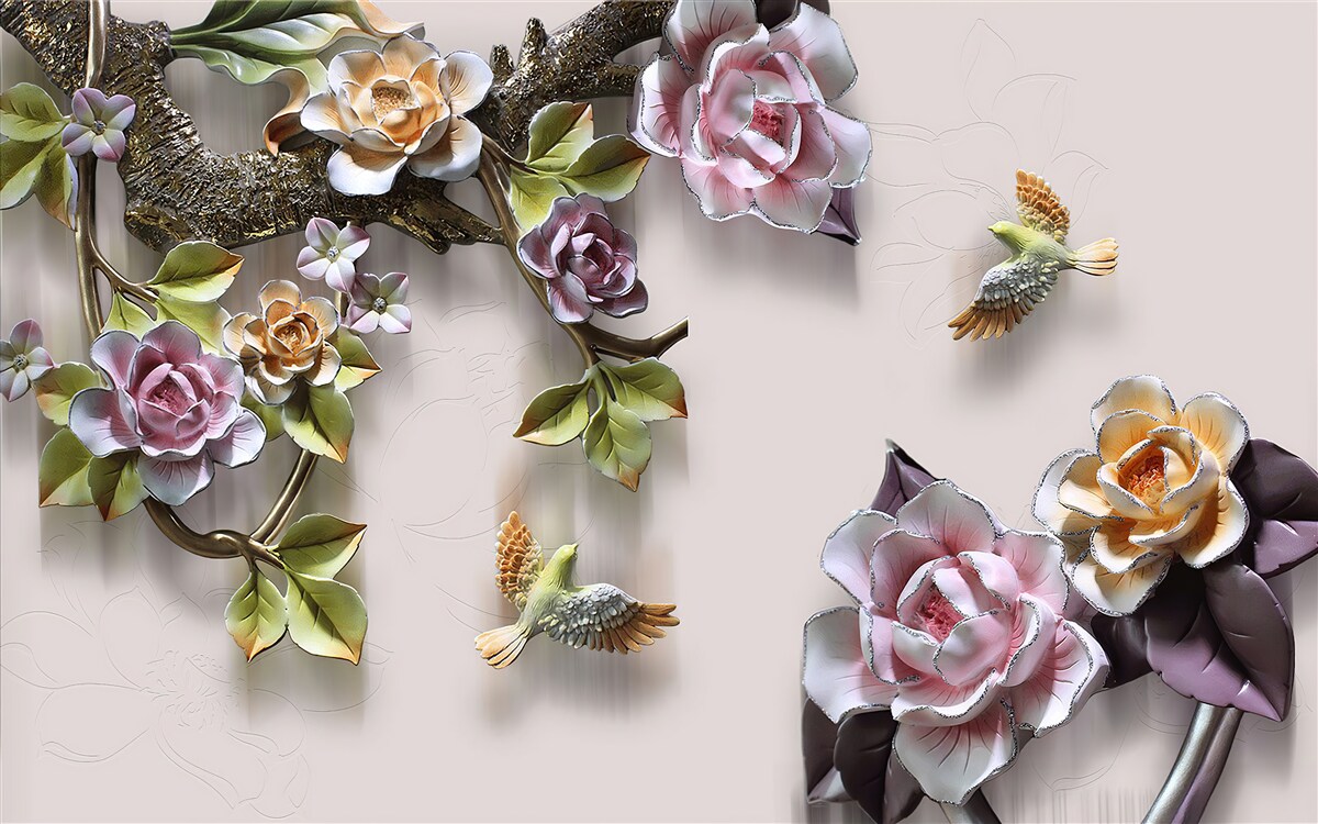 Fototapet armonie fermecătoare de ramuri decorate cu flori