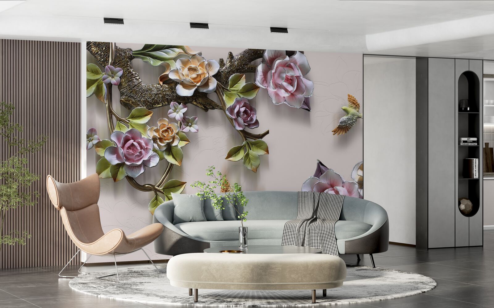 Fototapet armonie fermecătoare de ramuri decorate cu flori