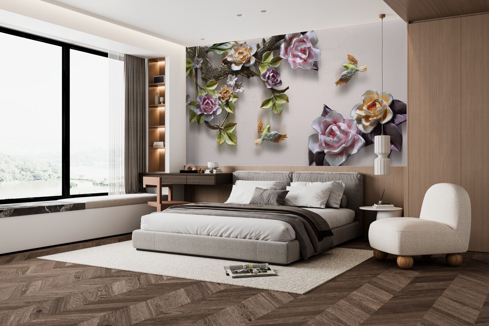 Fototapet armonie fermecătoare de ramuri decorate cu flori