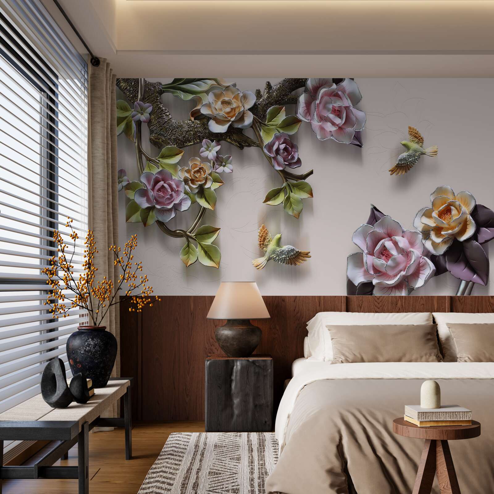 Fototapet armonie fermecătoare de ramuri decorate cu flori