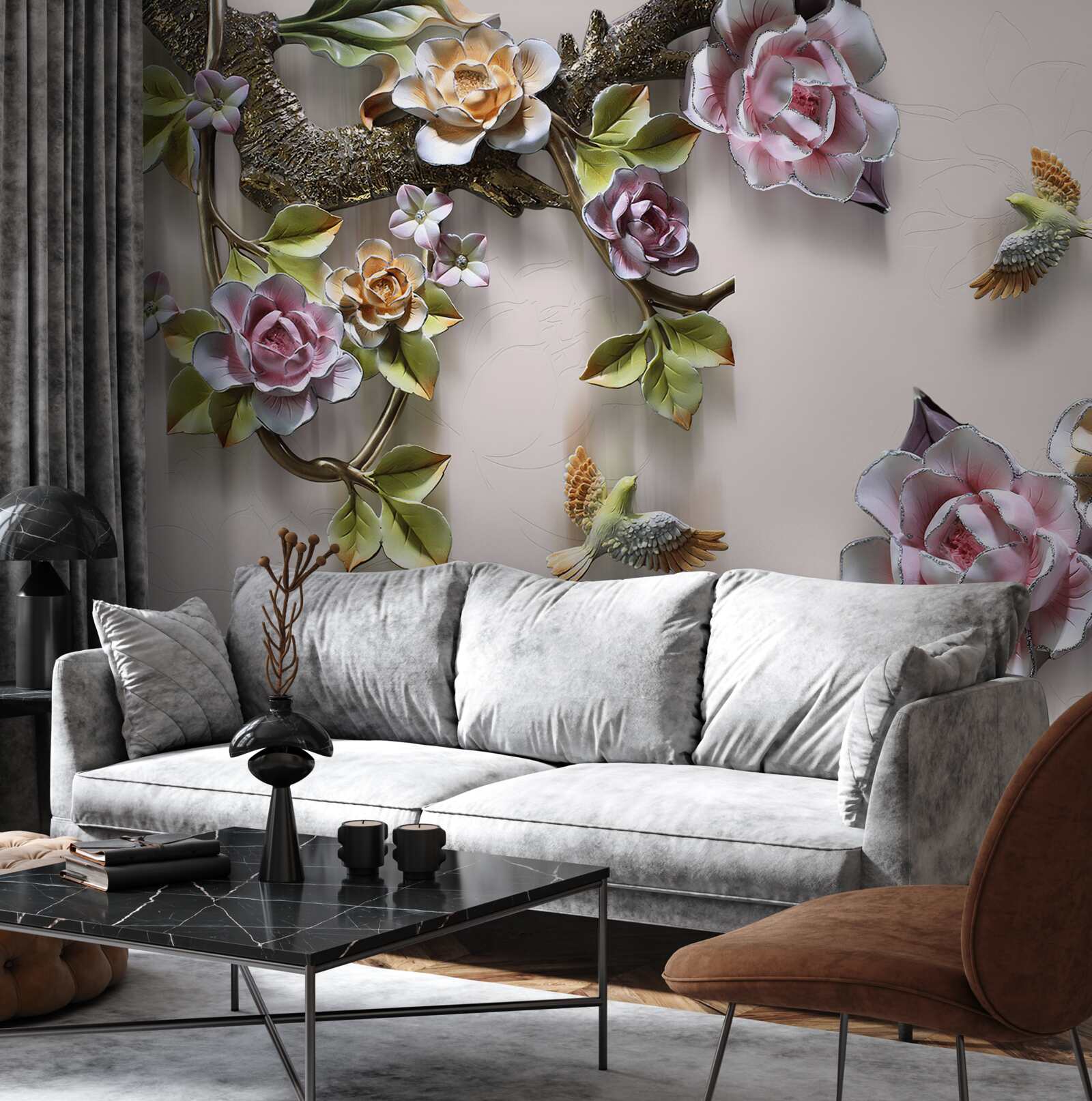 Fototapet armonie fermecătoare de ramuri decorate cu flori