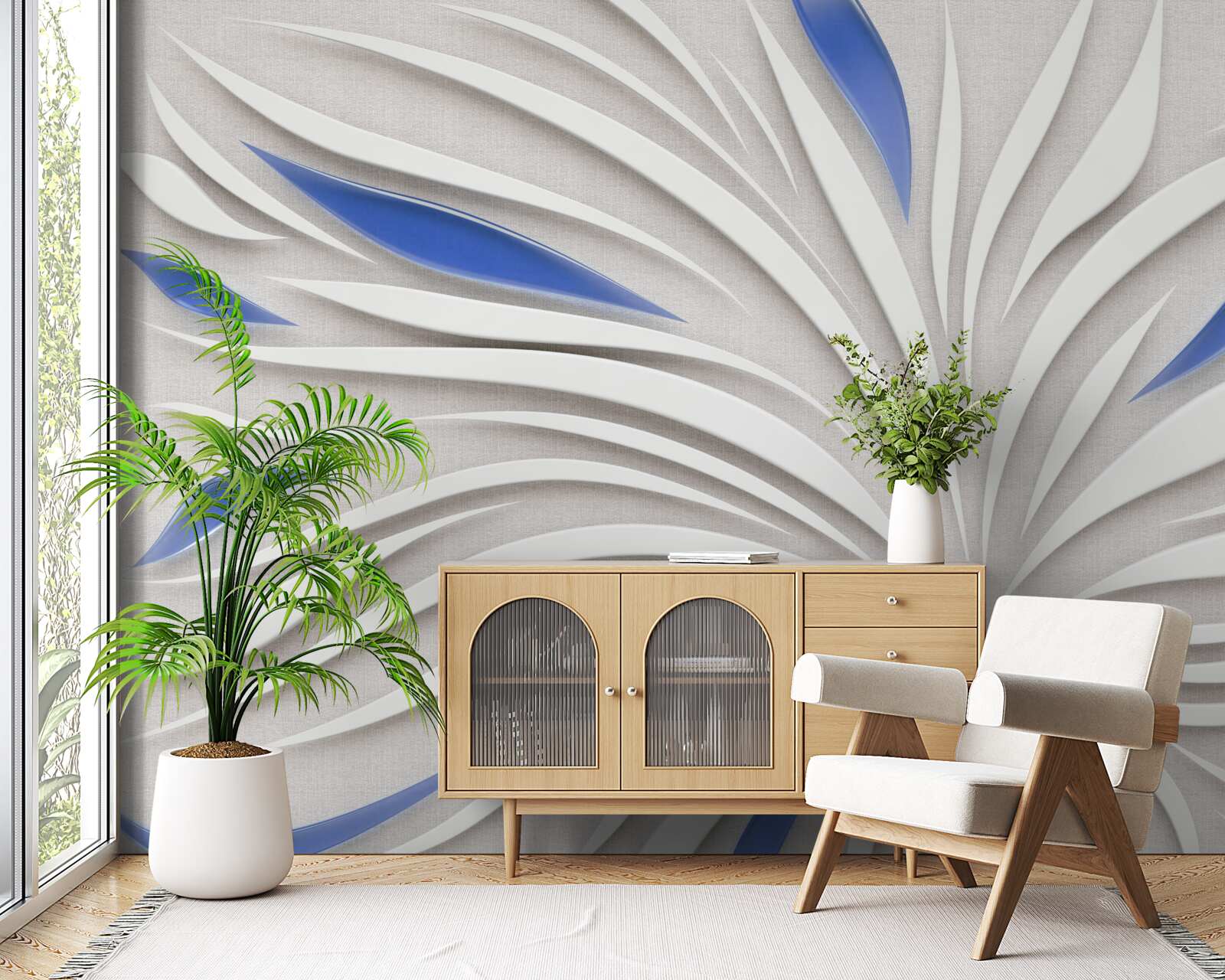 Fototapet floare albă abstractă cu petale albastre