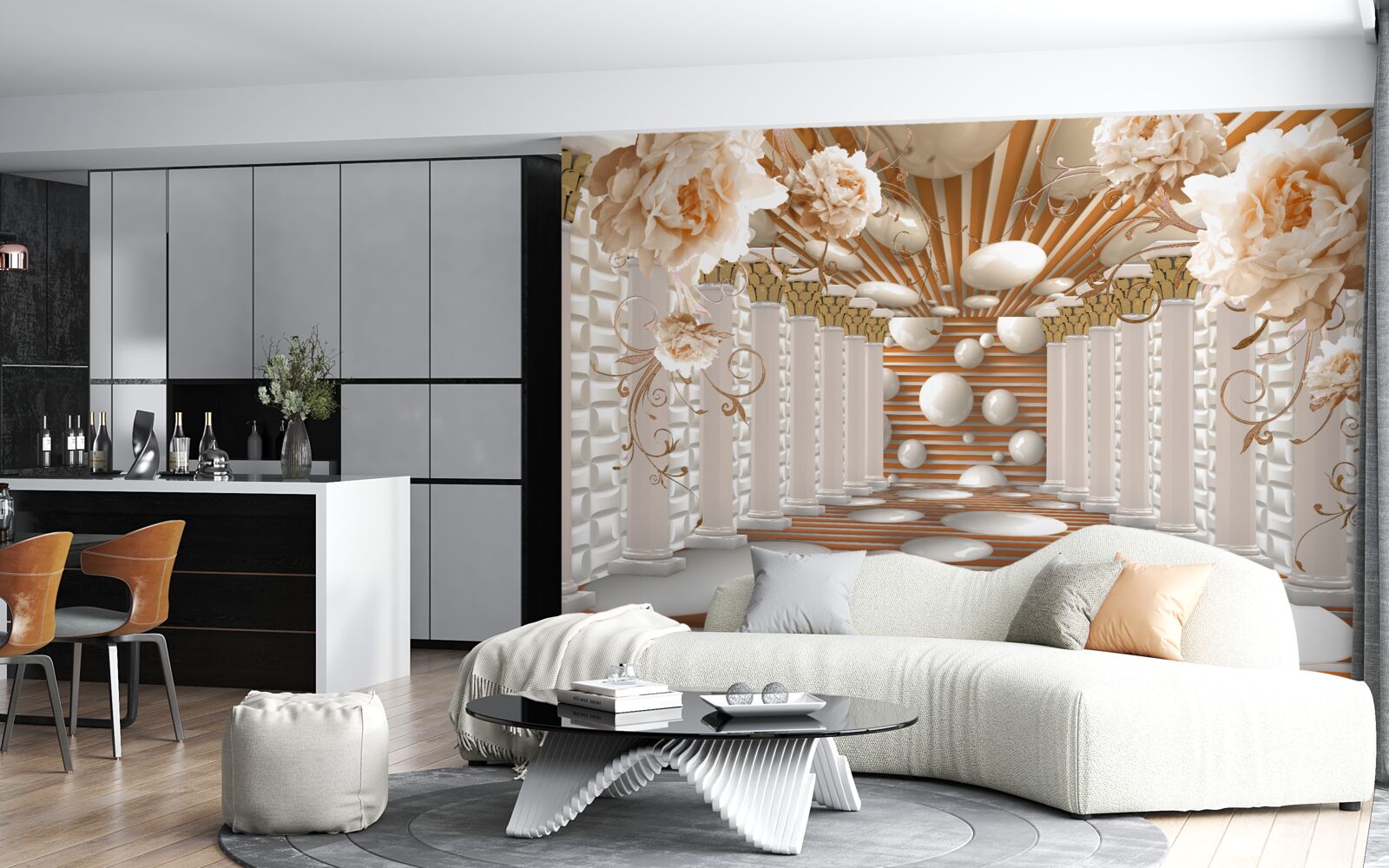 Fototapet tunel abstract decorat cu flori și bile