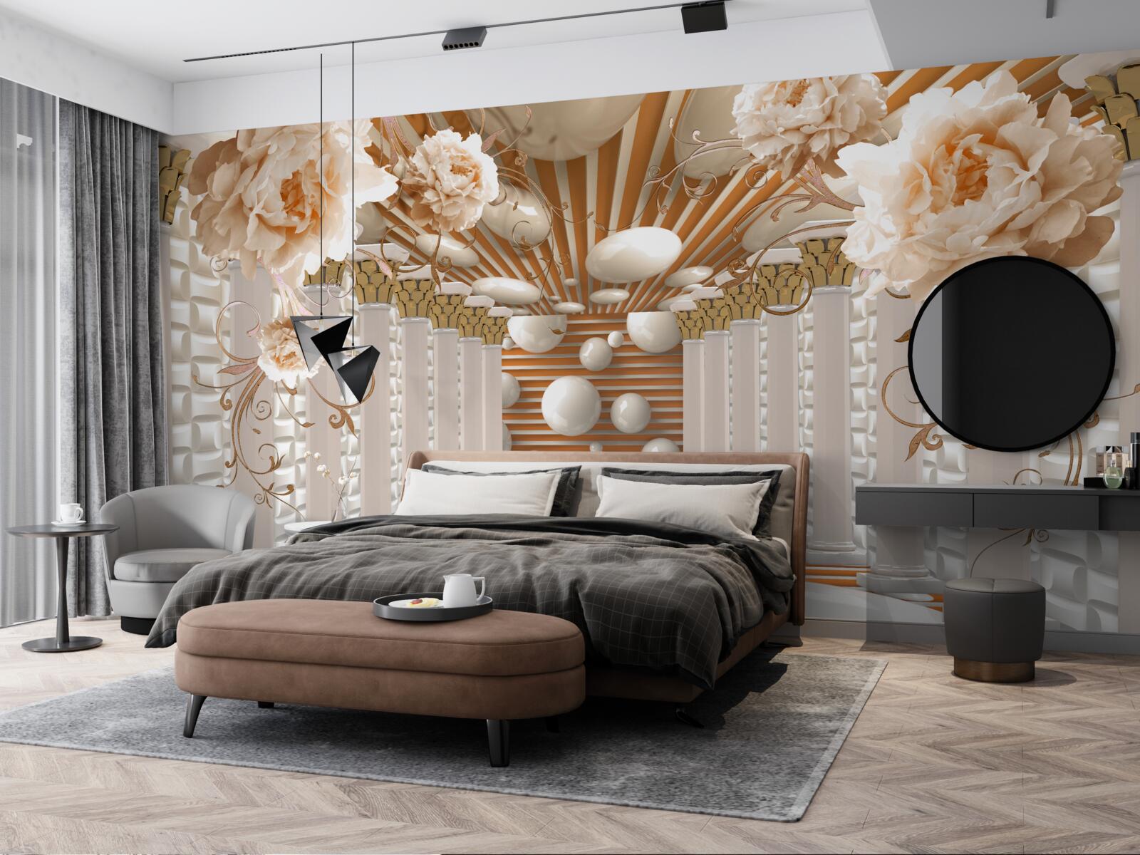 Fototapet tunel abstract decorat cu flori și bile