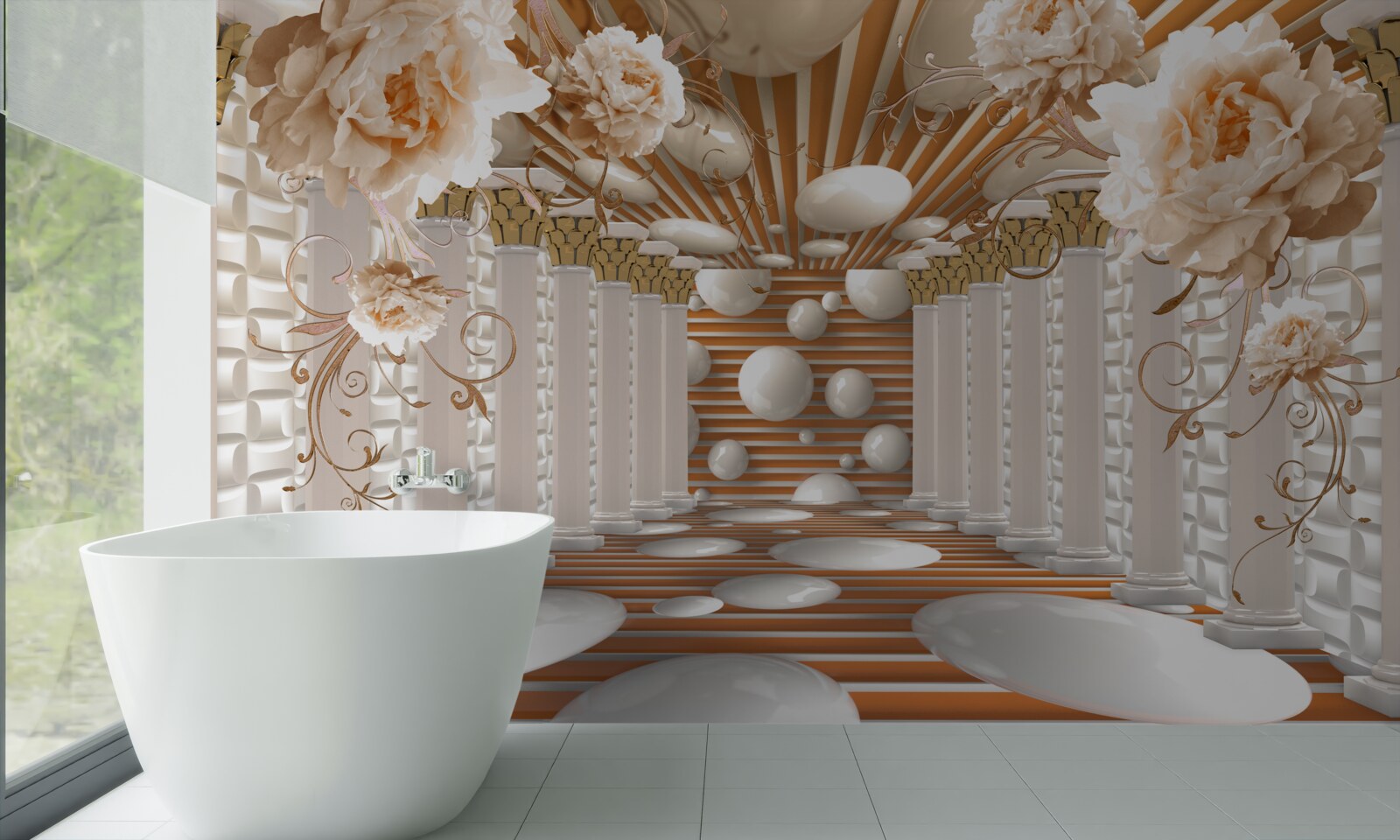 Fototapet tunel abstract decorat cu flori și bile