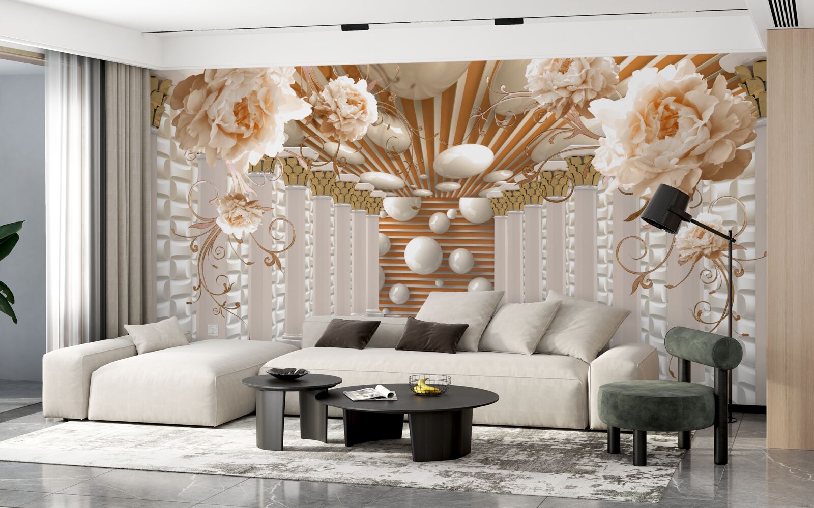 Fototapet tunel abstract decorat cu flori și bile