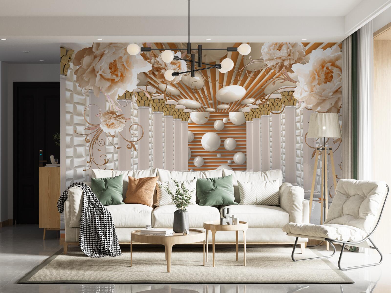 Fototapet tunel abstract decorat cu flori și bile