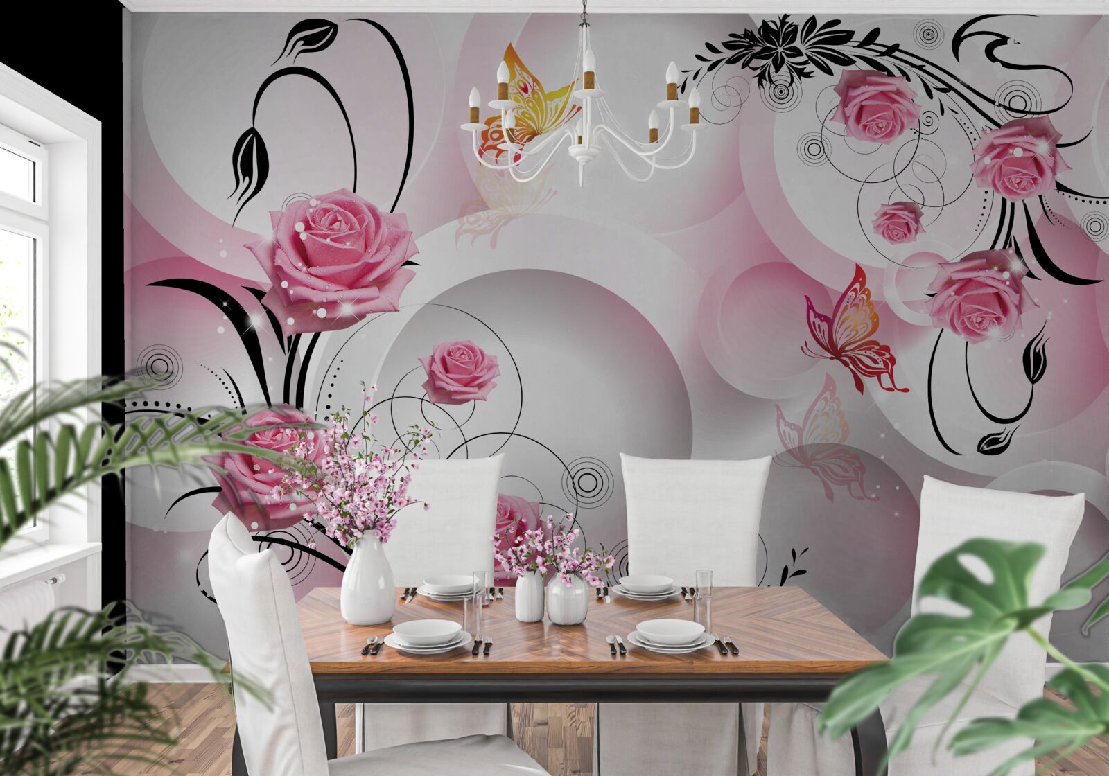 Fototapet design roz cu ramuri negre