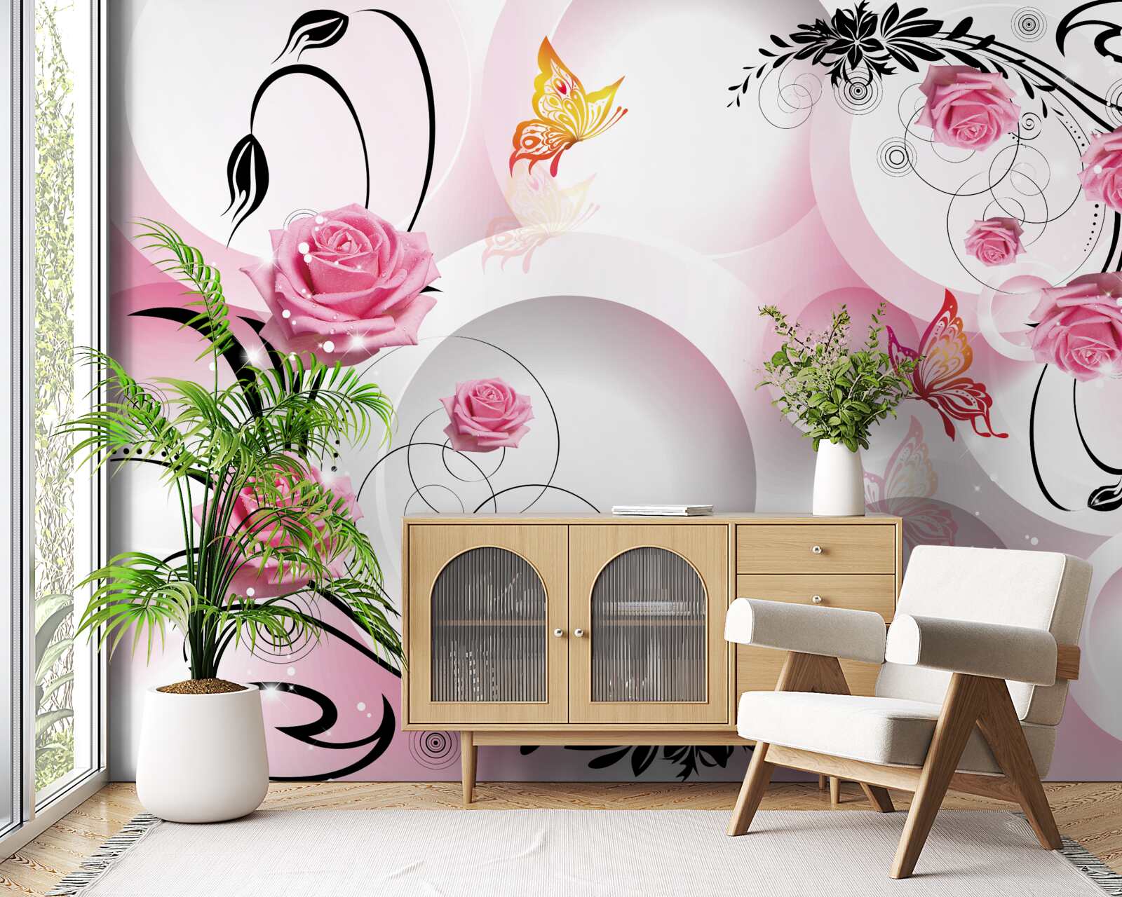 Fototapet design roz cu ramuri negre