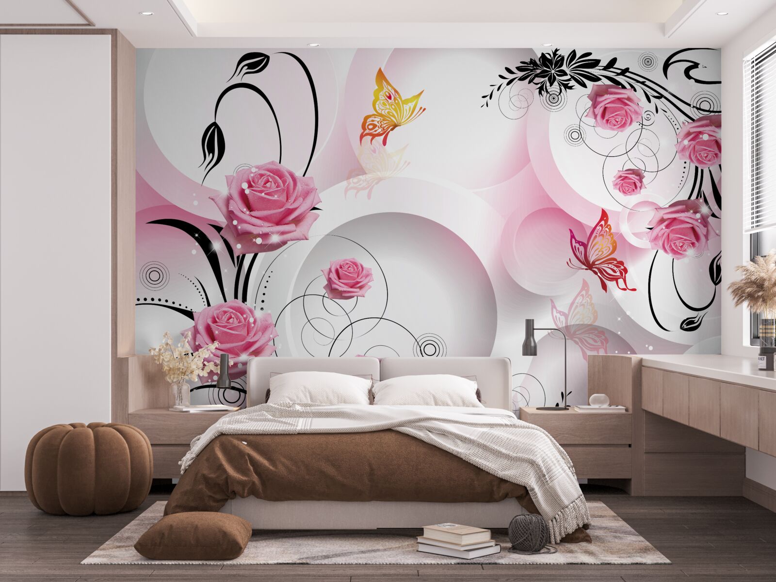 Fototapet design roz cu ramuri negre