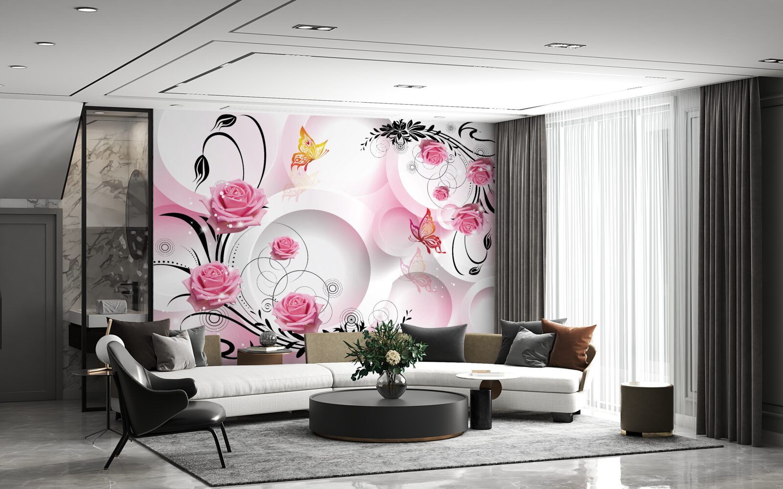 Fototapet design roz cu ramuri negre