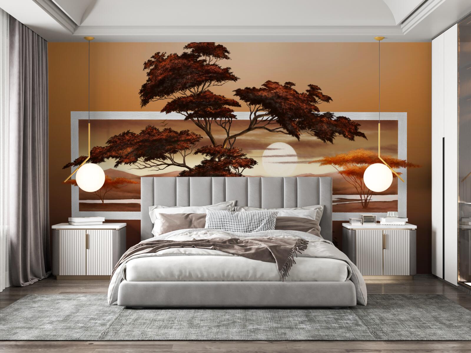 Fototapet apus de soare peste bonsai