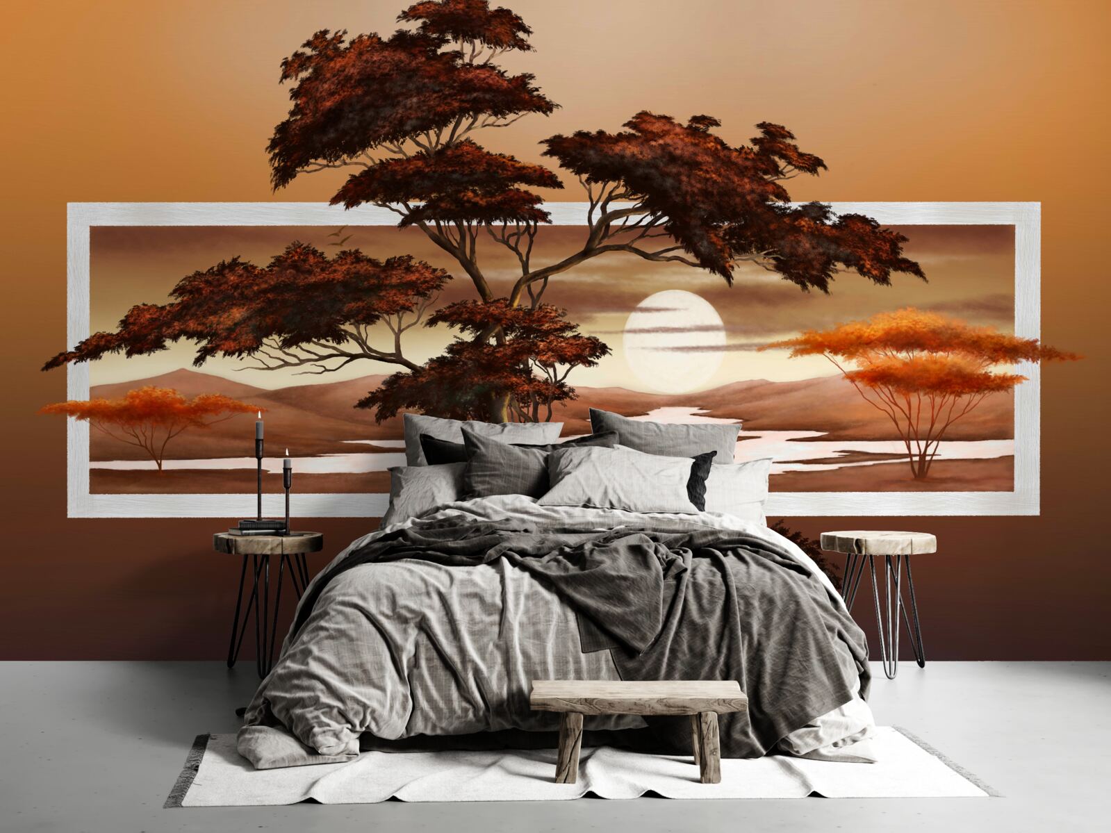 Fototapet apus de soare peste bonsai