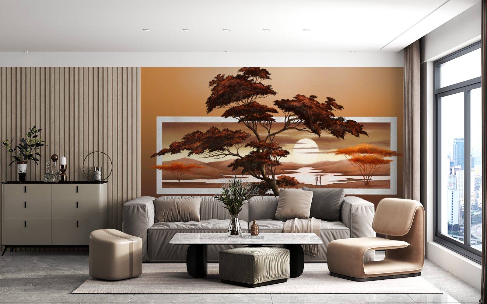 Fototapet apus de soare peste bonsai