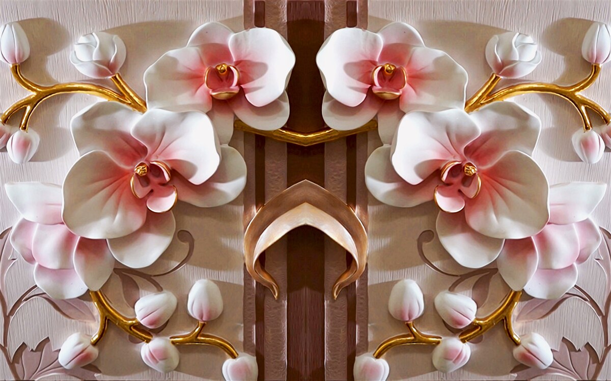 Fototapet orhideele albe ies ușor în evidență pe fondul auriu al ramurilor