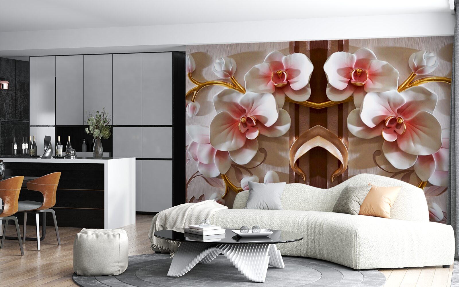 Fototapet orhideele albe ies ușor în evidență pe fondul auriu al ramurilor