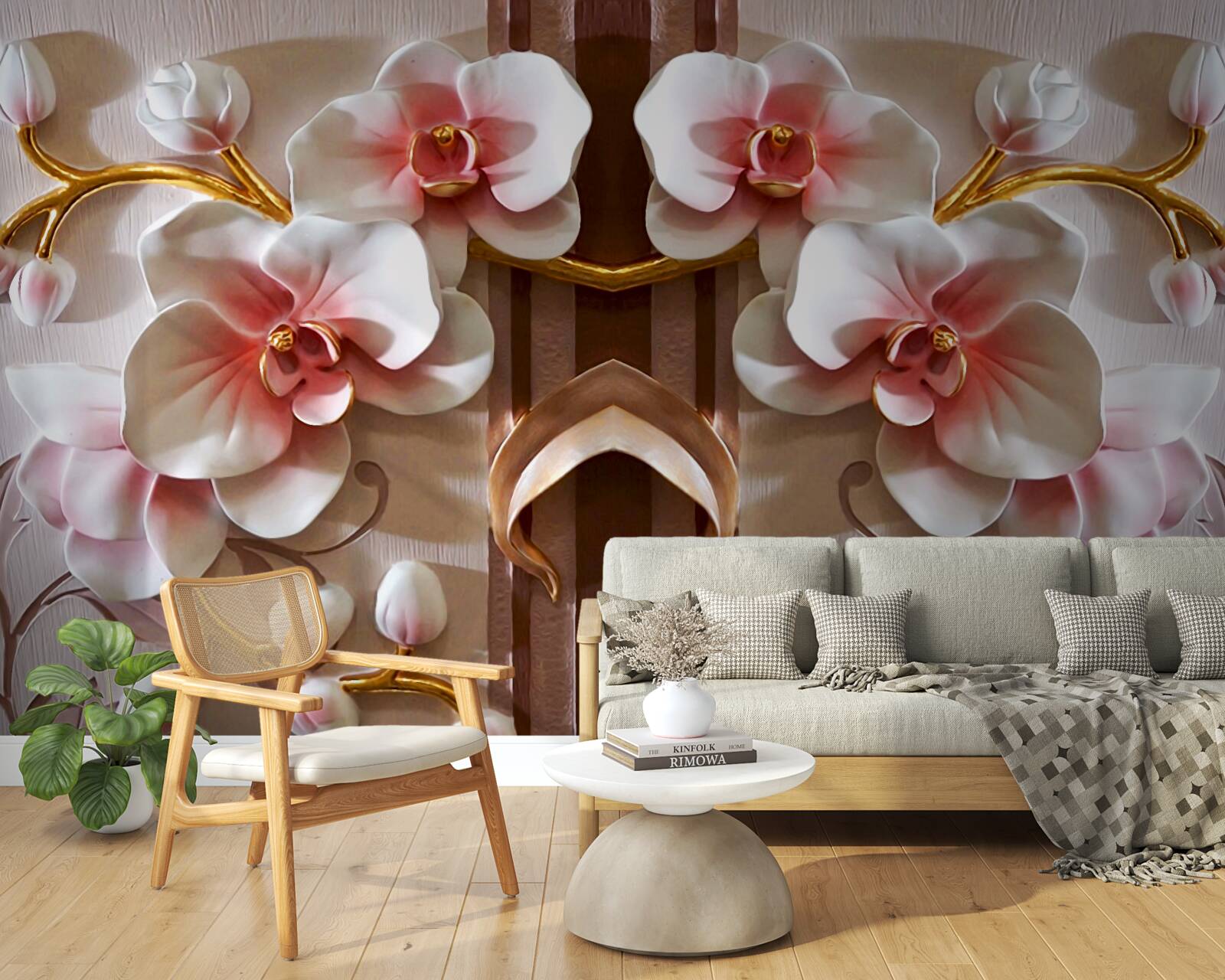 Fototapet orhideele albe ies ușor în evidență pe fondul auriu al ramurilor