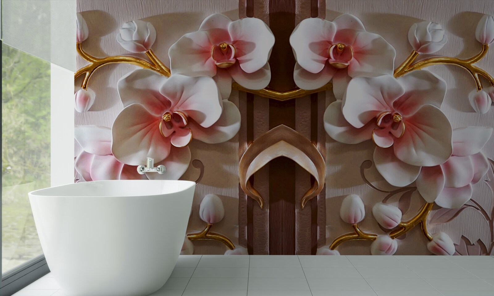 Fototapet orhideele albe ies ușor în evidență pe fondul auriu al ramurilor