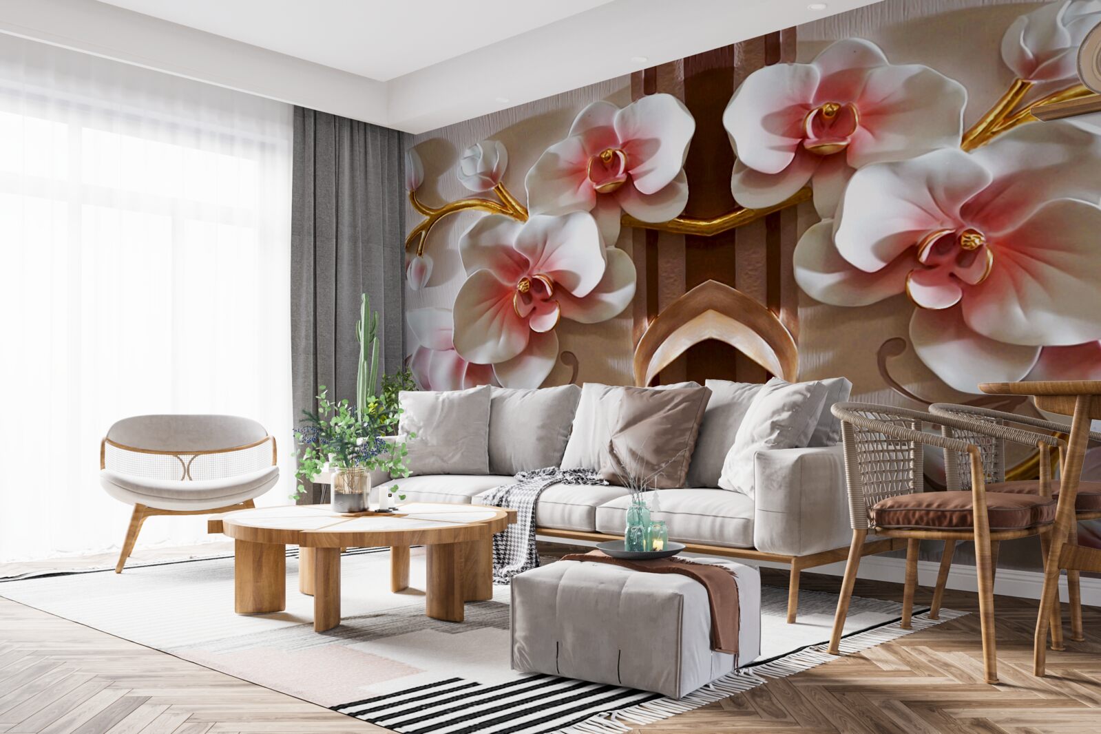 Fototapet orhideele albe ies ușor în evidență pe fondul auriu al ramurilor