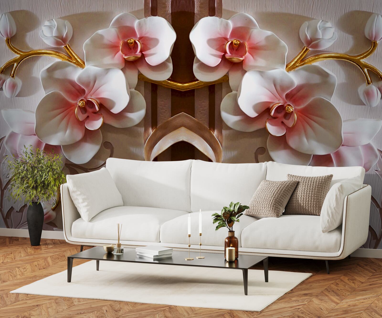 Fototapet orhideele albe ies ușor în evidență pe fondul auriu al ramurilor