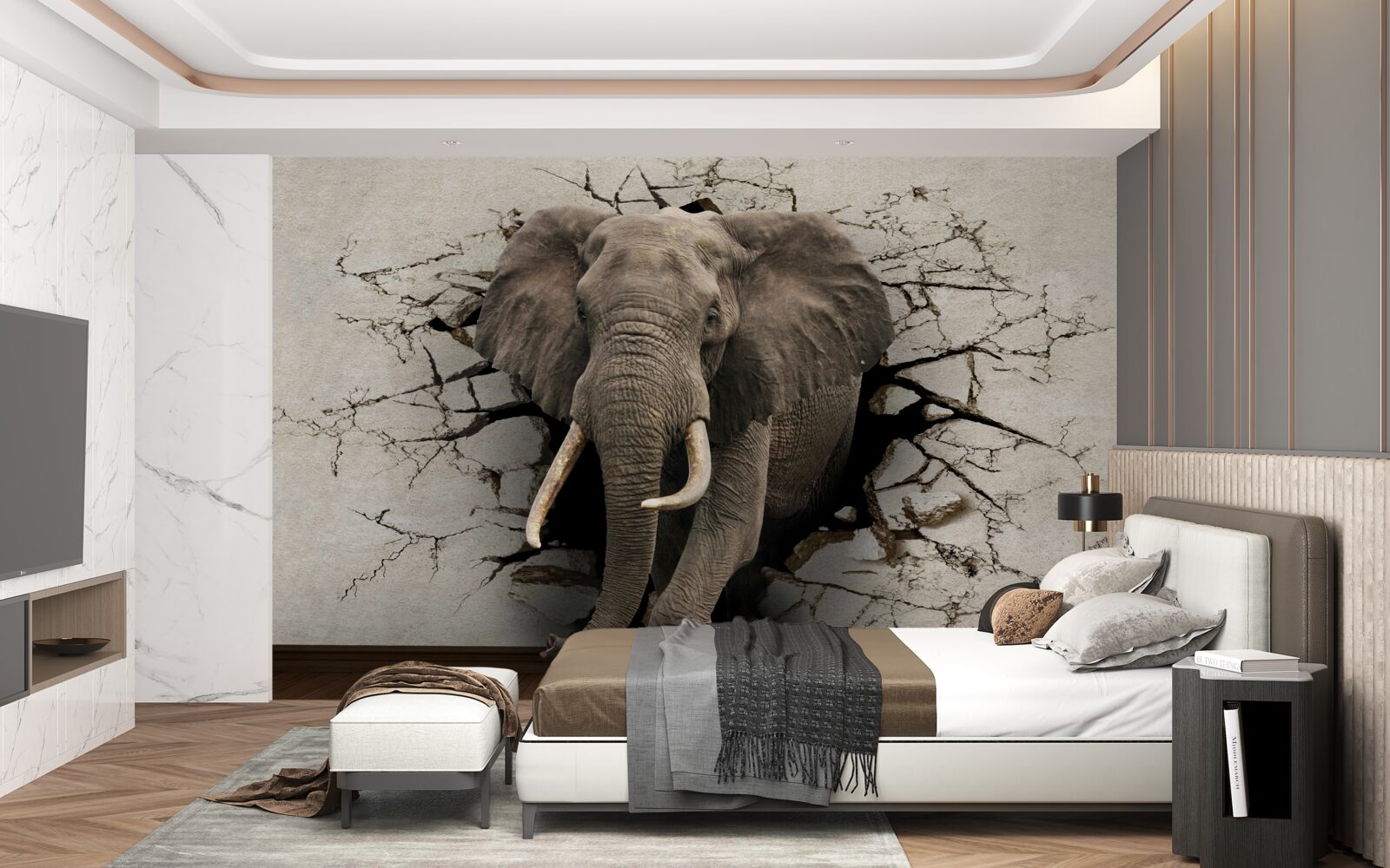 Fototapet Elefantul puternic distruge bariera gri