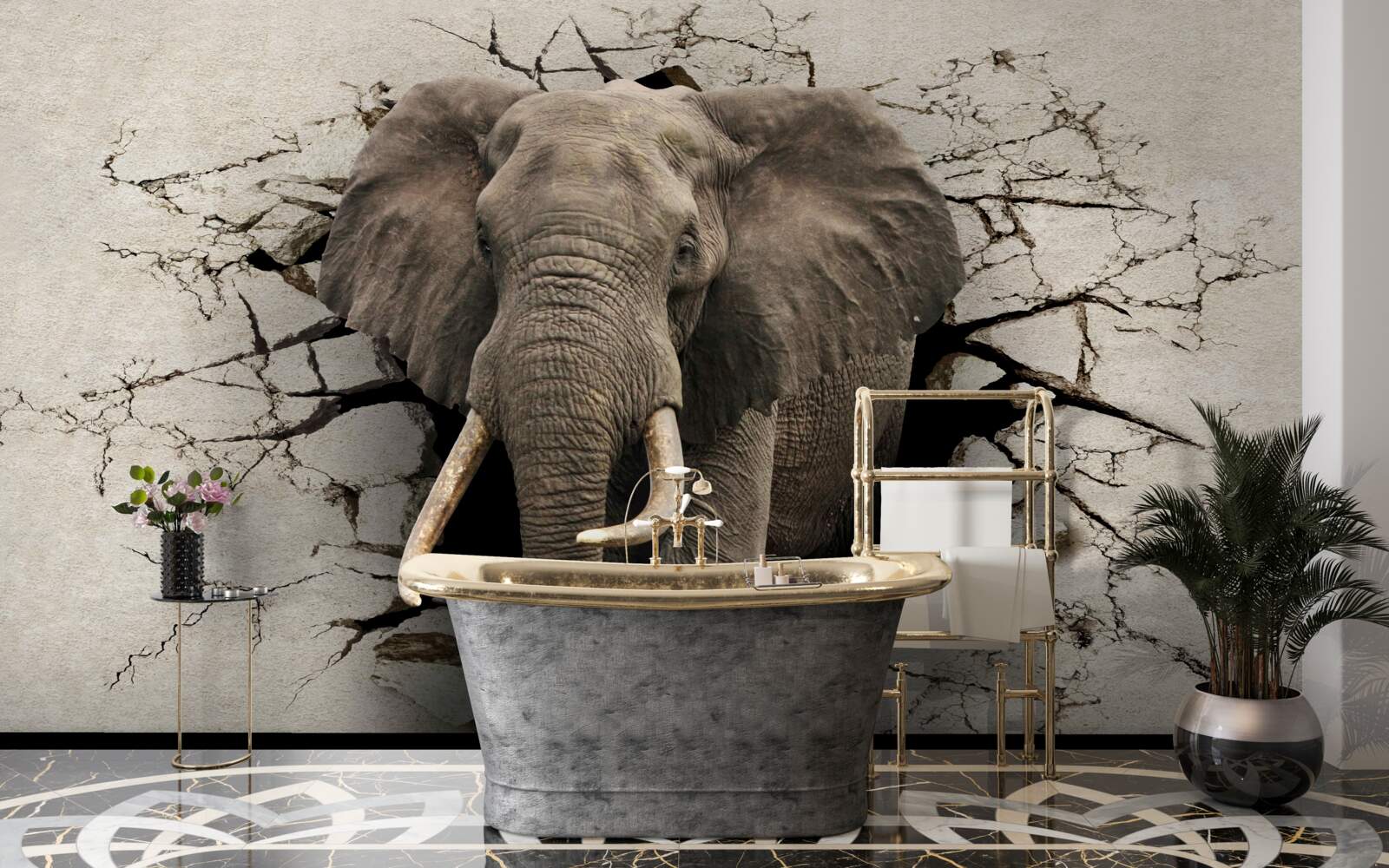 Fototapet Elefantul puternic distruge bariera gri