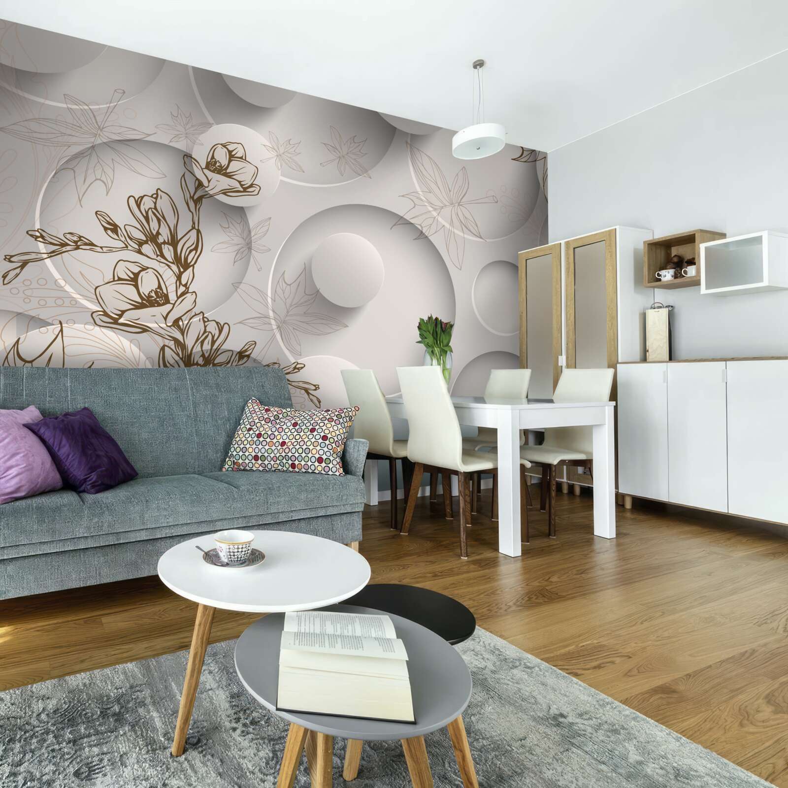 Fototapet copacii au ramuri aurii pe un fundal de forme rotunde