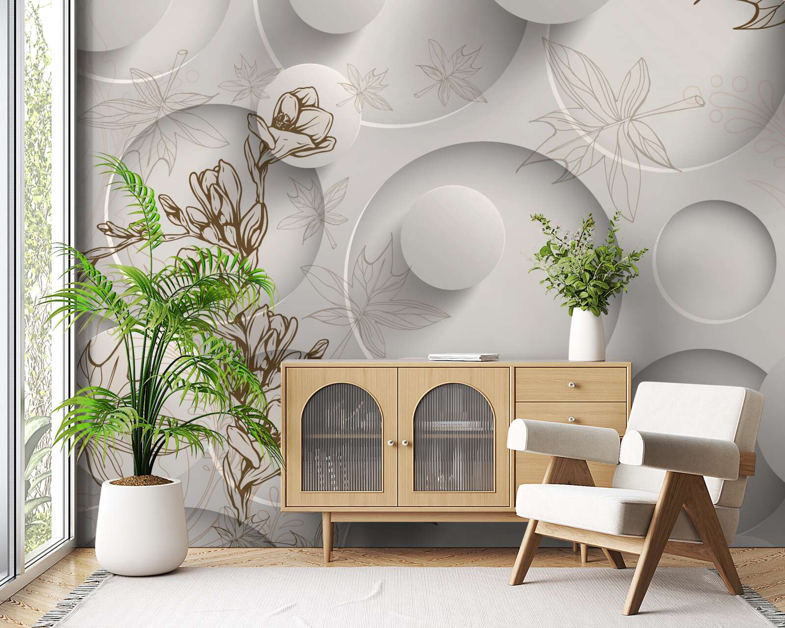 Fototapet copacii au ramuri aurii pe un fundal de forme rotunde