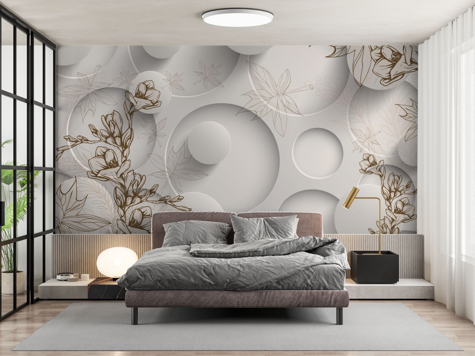 Fototapet copacii au ramuri aurii pe un fundal de forme rotunde