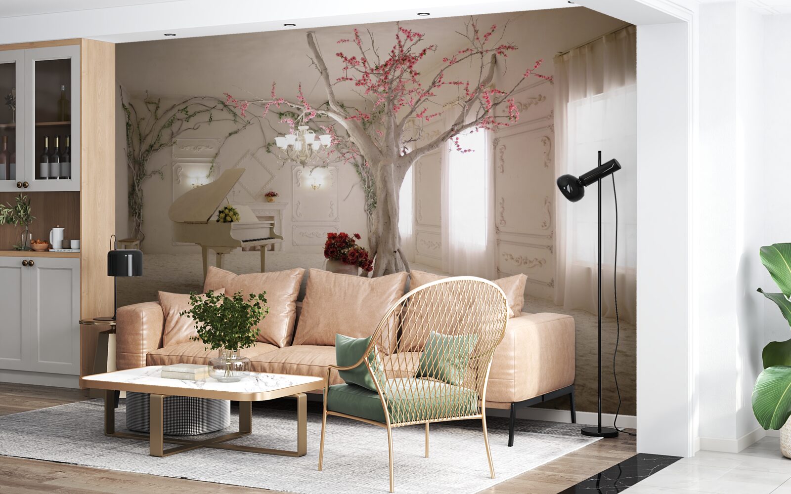 Fototapet în mijlocul camerei se află un pian și un copac