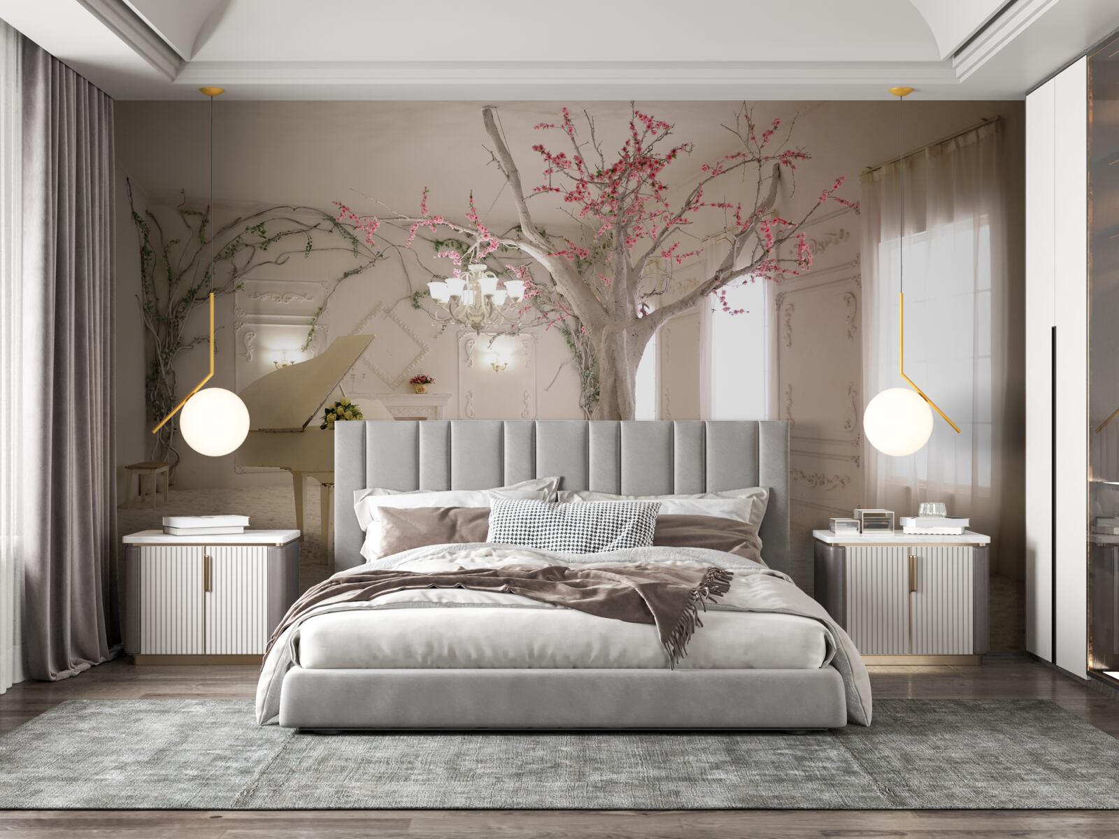 Fototapet în mijlocul camerei se află un pian și un copac