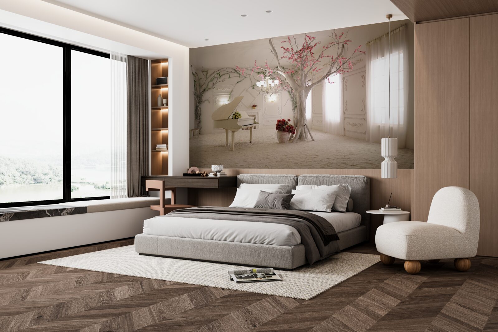 Fototapet în mijlocul camerei se află un pian și un copac