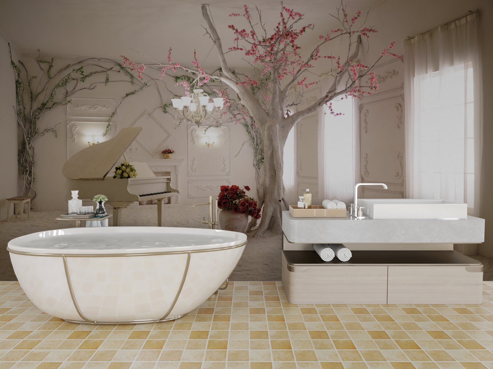 Fototapet în mijlocul camerei se află un pian și un copac