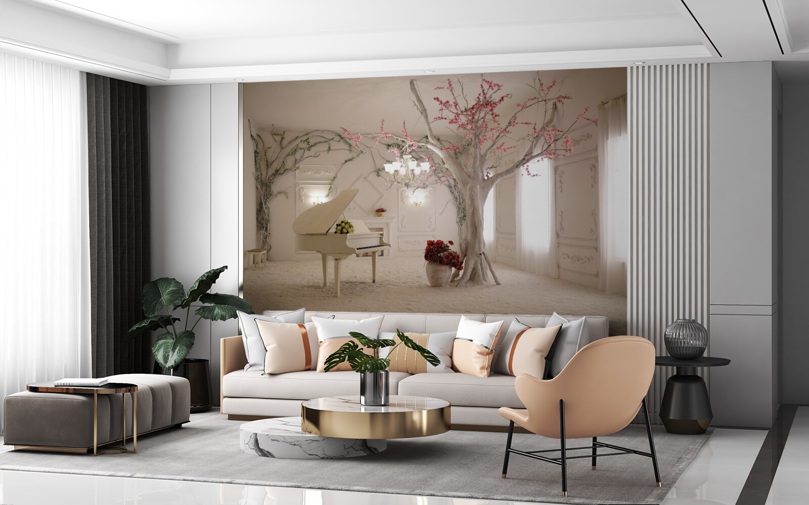 Fototapet în mijlocul camerei se află un pian și un copac