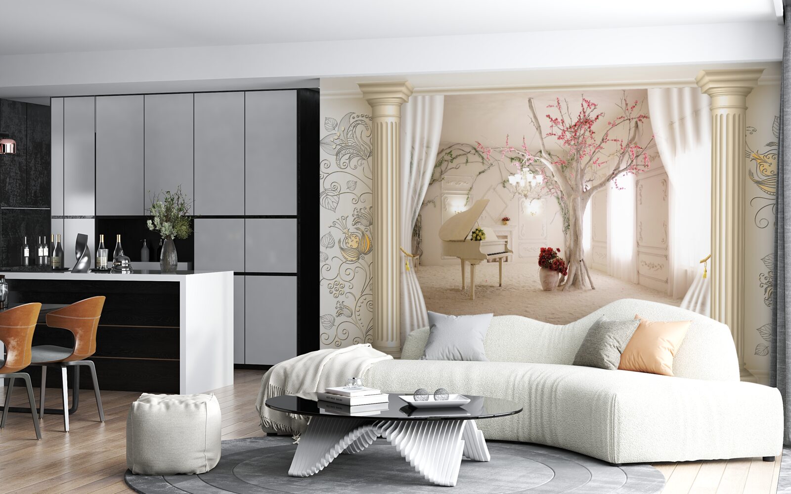 Fototapet cameră de zi confortabilă cu lemn adevărat