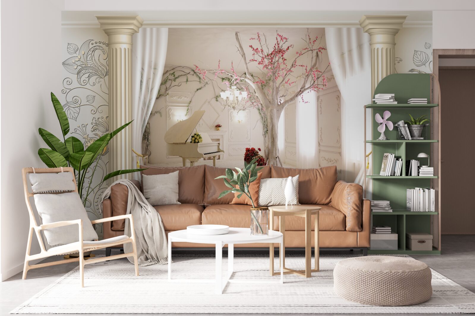 Fototapet cameră de zi confortabilă cu lemn adevărat