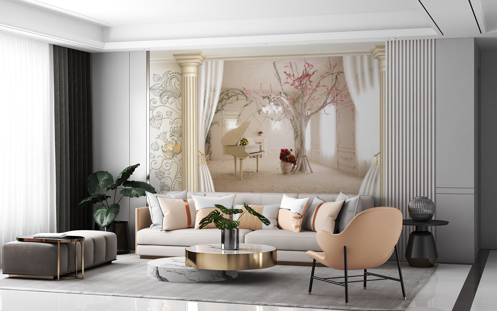 Fototapet cameră de zi confortabilă cu lemn adevărat