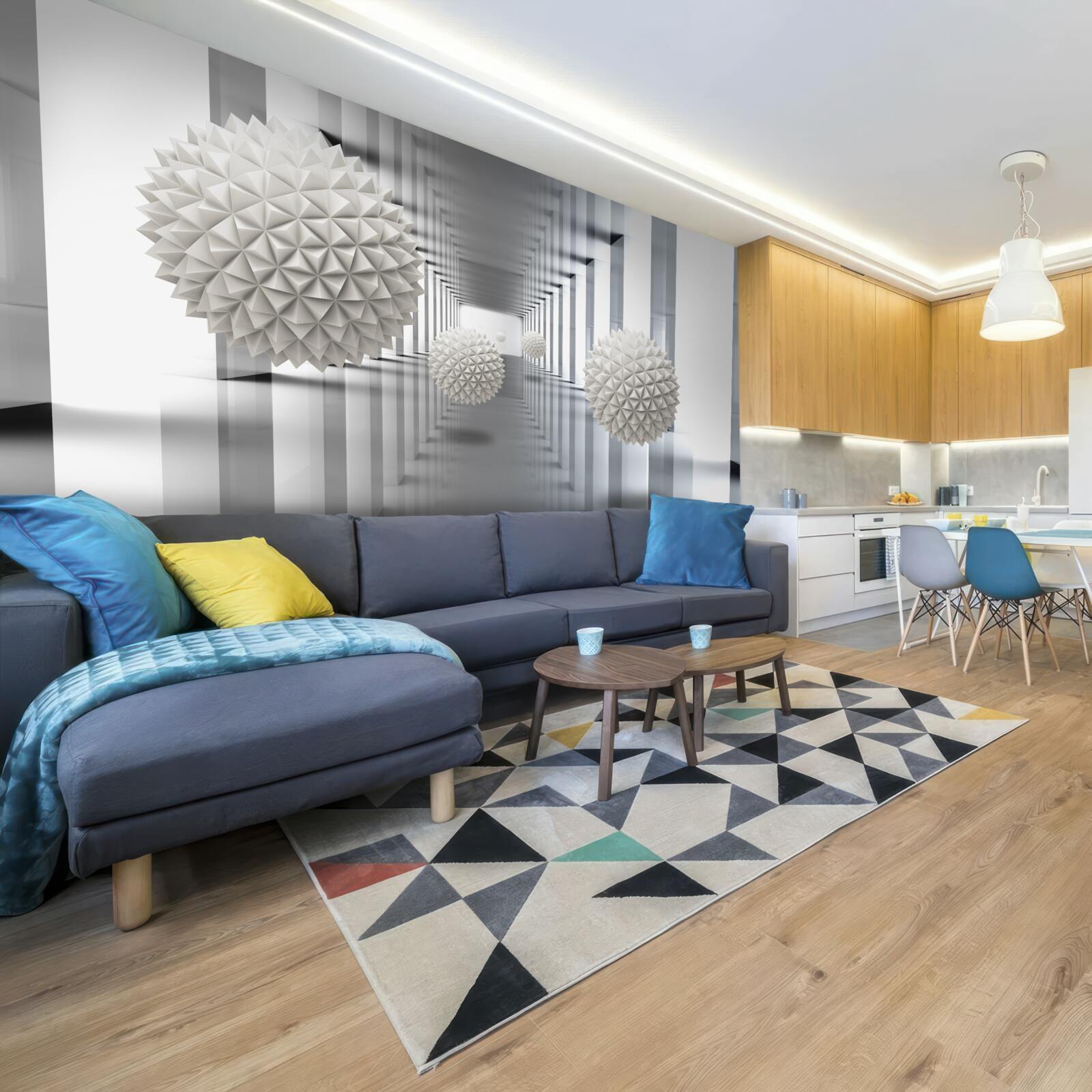 Fototapet tunel de perspectivă, iluminat și decorat cu baloane