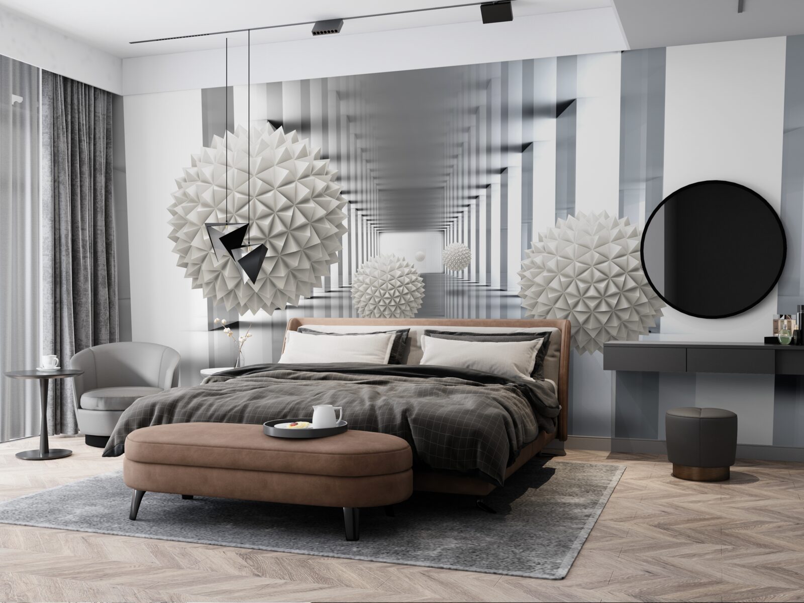 Fototapet tunel de perspectivă, iluminat și decorat cu baloane