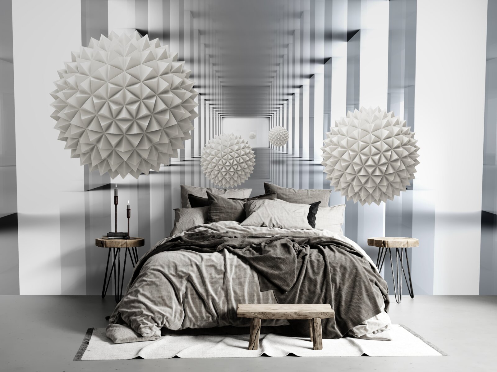 Fototapet tunel de perspectivă, iluminat și decorat cu baloane