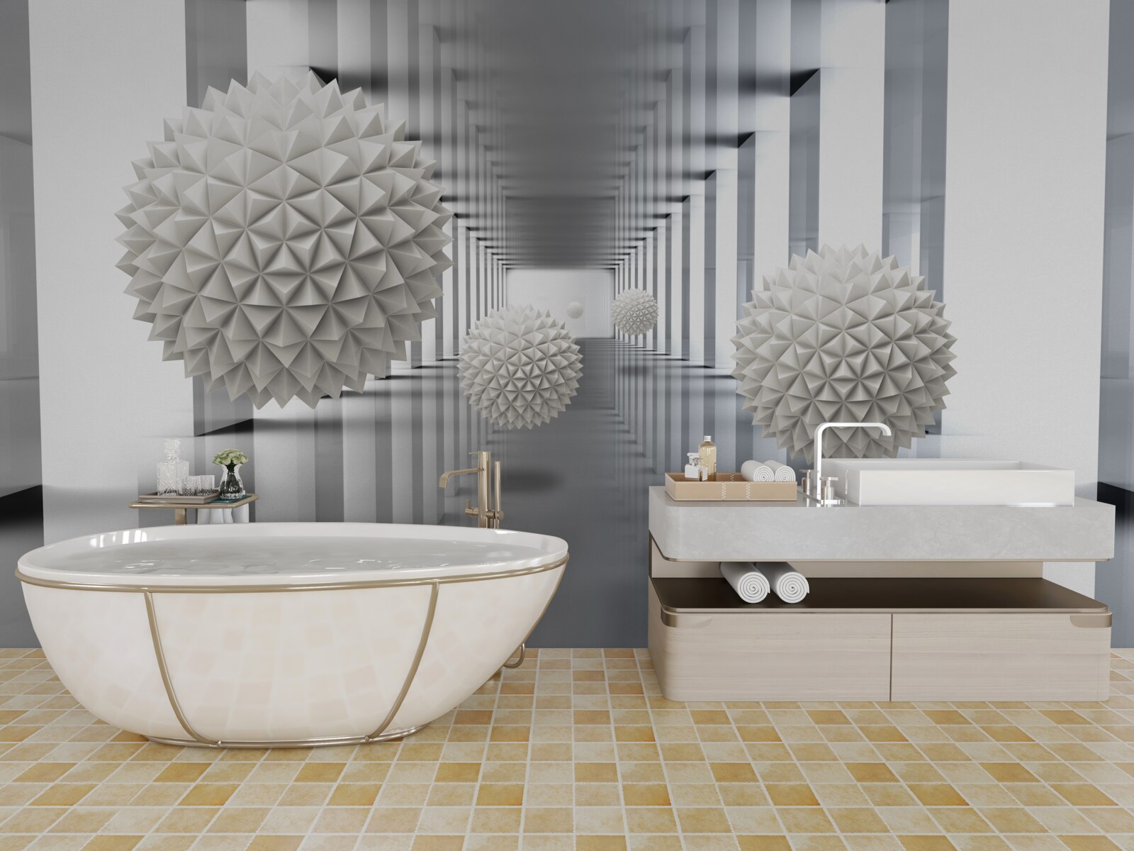 Fototapet tunel de perspectivă, iluminat și decorat cu baloane