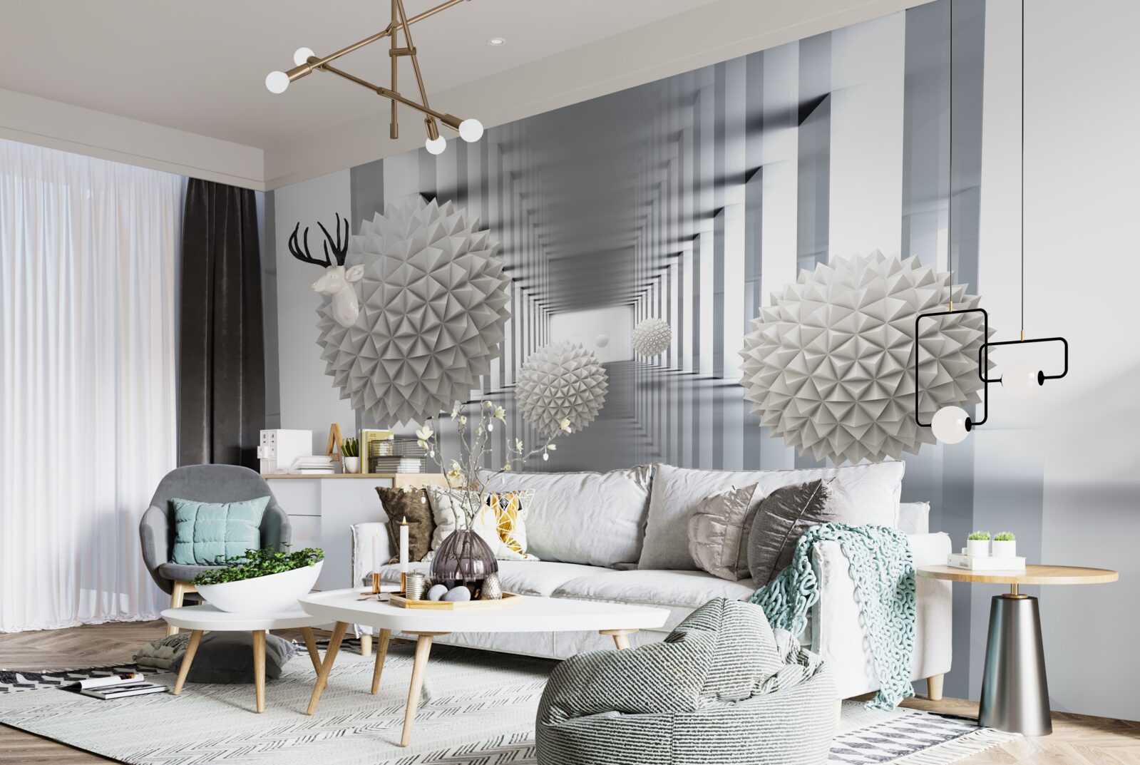 Fototapet tunel de perspectivă, iluminat și decorat cu baloane